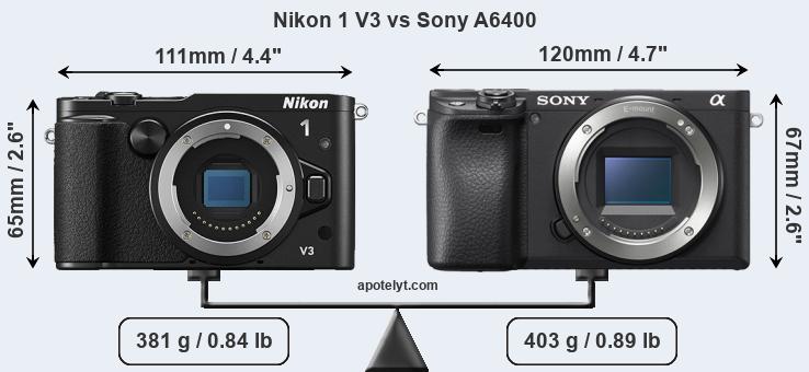 Size Nikon 1 V3 vs Sony A6400