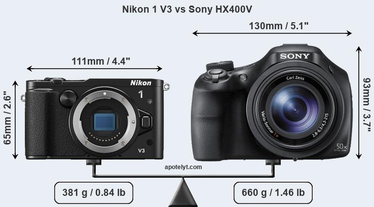 Size Nikon 1 V3 vs Sony HX400V