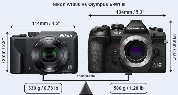 Size Nikon A1000 vs Olympus E-M1 III