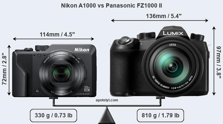 Size Nikon A1000 vs Panasonic FZ1000 II