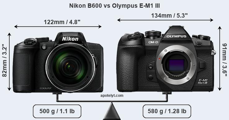 Size Nikon B600 vs Olympus E-M1 III