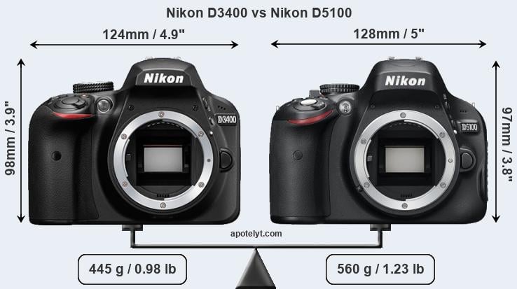 Size Nikon D3400 vs Nikon D5100