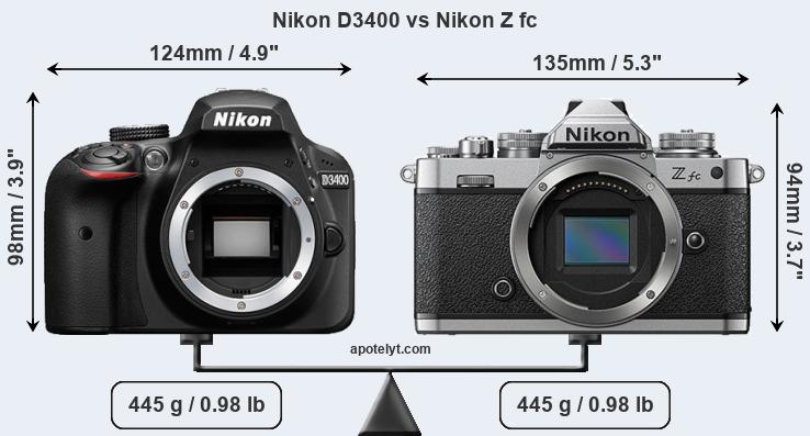Size Nikon D3400 vs Nikon Z fc