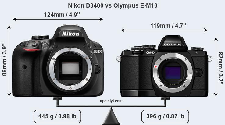 Size Nikon D3400 vs Olympus E-M10