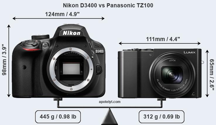 Size Nikon D3400 vs Panasonic TZ100