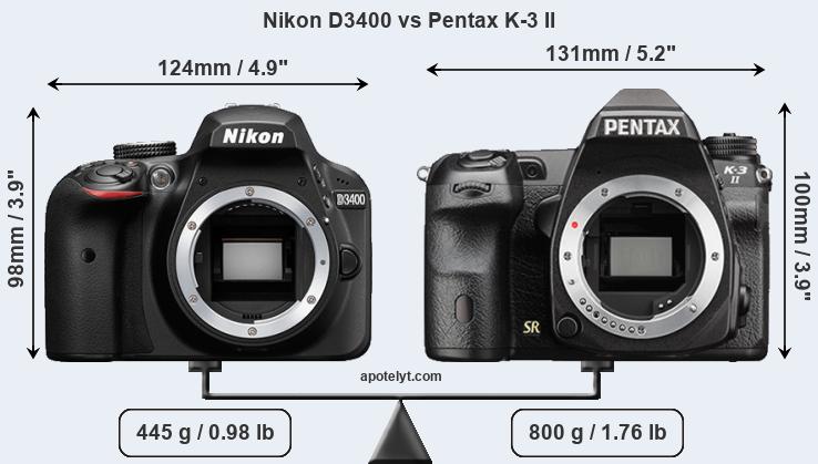 Size Nikon D3400 vs Pentax K-3 II