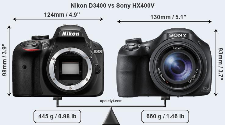 Size Nikon D3400 vs Sony HX400V