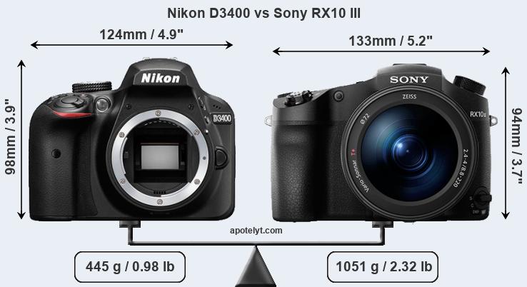 Size Nikon D3400 vs Sony RX10 III