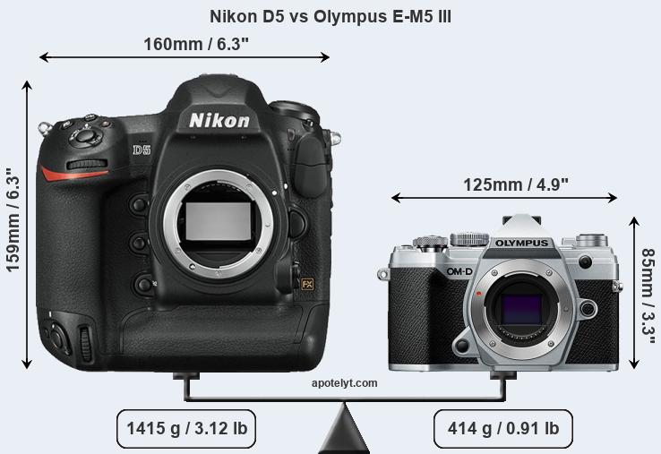 Size Nikon D5 vs Olympus E-M5 III