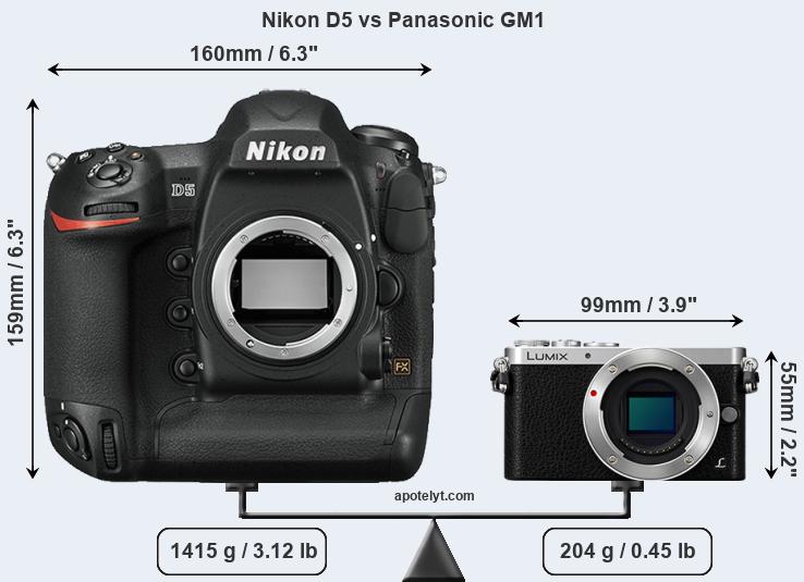Size Nikon D5 vs Panasonic GM1