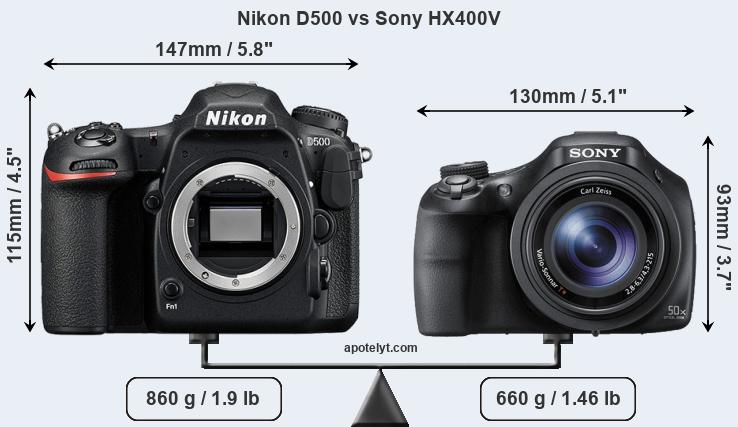 Size Nikon D500 vs Sony HX400V