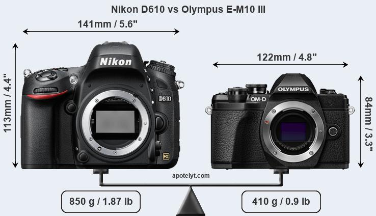Size Nikon D610 vs Olympus E-M10 III