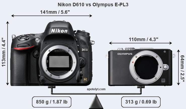 Size Nikon D610 vs Olympus E-PL3
