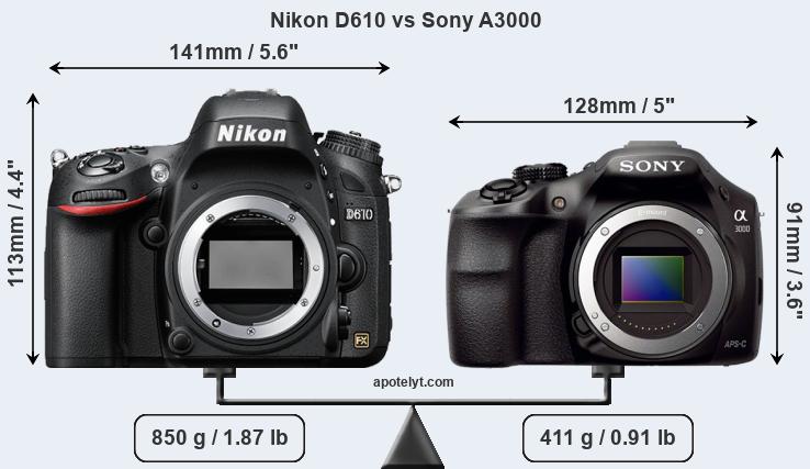 Size Nikon D610 vs Sony A3000
