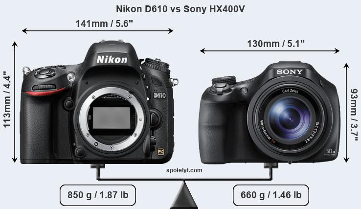 Size Nikon D610 vs Sony HX400V