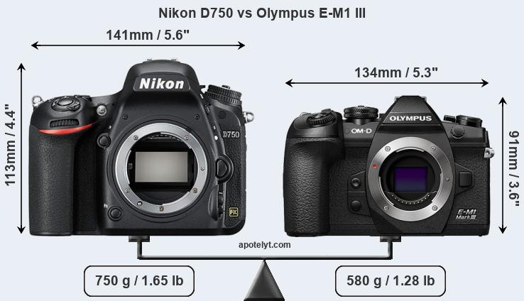 Size Nikon D750 vs Olympus E-M1 III