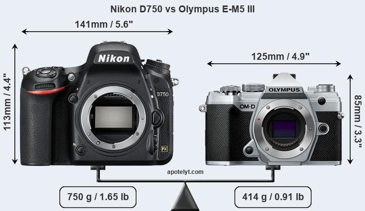 Size Nikon D750 vs Olympus E-M5 III