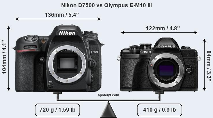 Size Nikon D7500 vs Olympus E-M10 III