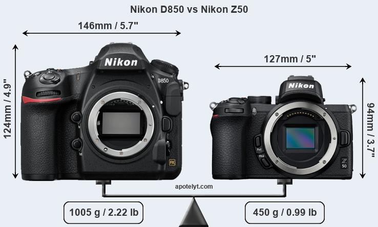 Size Nikon D850 vs Nikon Z50