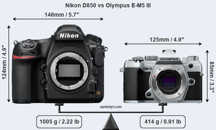 Size Nikon D850 vs Olympus E-M5 III