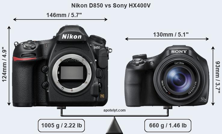 Size Nikon D850 vs Sony HX400V