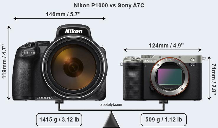 Size Nikon P1000 vs Sony A7C
