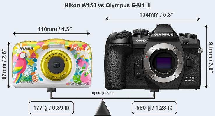 Size Nikon W150 vs Olympus E-M1 III