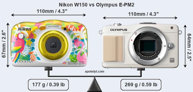 Size Nikon W150 vs Olympus E-PM2