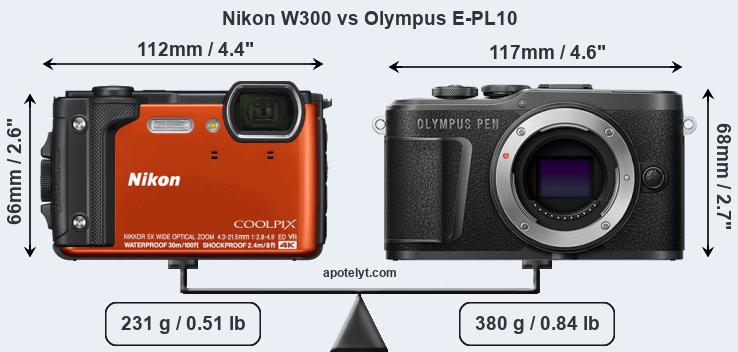 Size Nikon W300 vs Olympus E-PL10