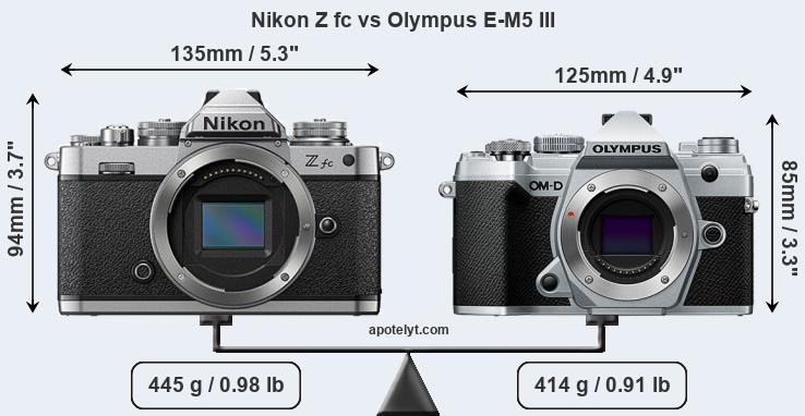Size Nikon Z fc vs Olympus E-M5 III