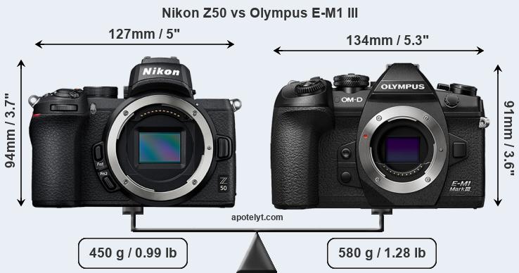 Size Nikon Z50 vs Olympus E-M1 III
