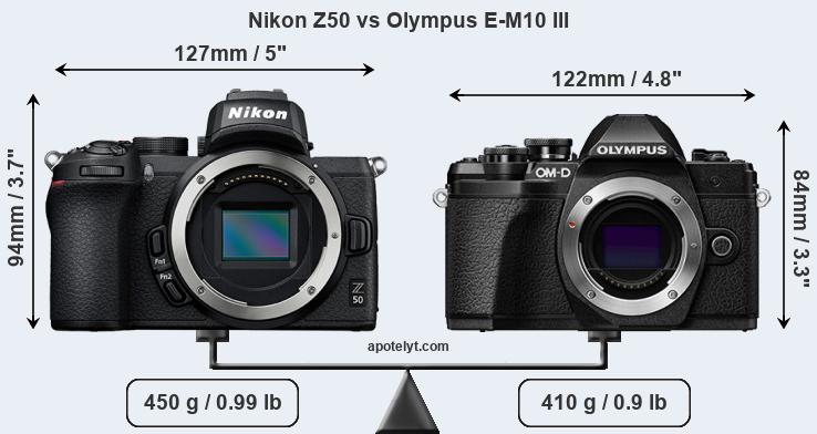 Size Nikon Z50 vs Olympus E-M10 III
