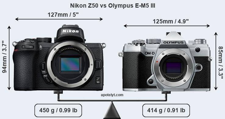 Size Nikon Z50 vs Olympus E-M5 III