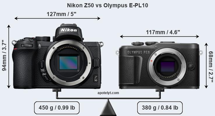 Size Nikon Z50 vs Olympus E-PL10