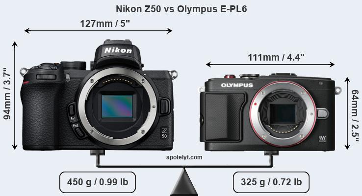 Size Nikon Z50 vs Olympus E-PL6