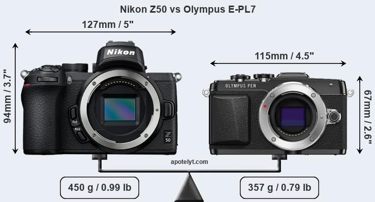 Size Nikon Z50 vs Olympus E-PL7