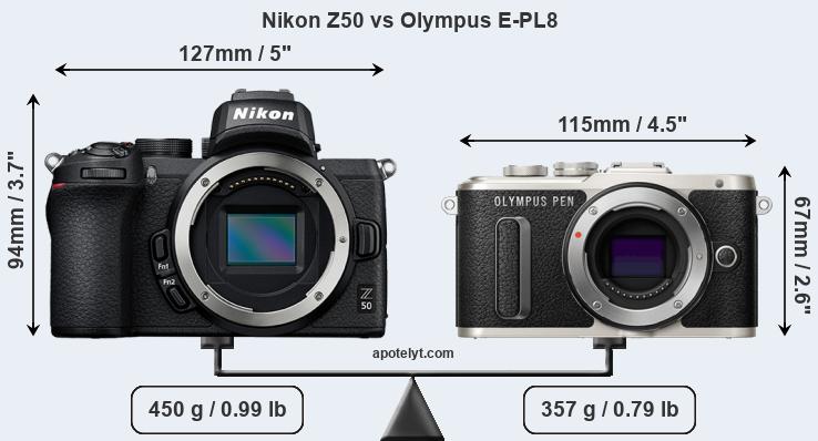 Size Nikon Z50 vs Olympus E-PL8