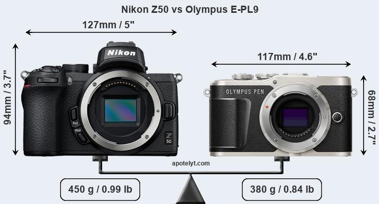 Size Nikon Z50 vs Olympus E-PL9