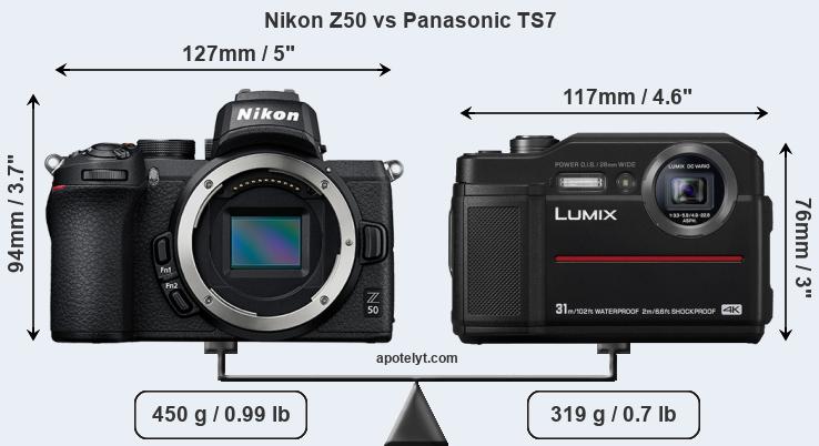 Size Nikon Z50 vs Panasonic TS7