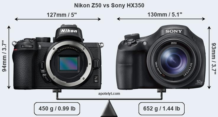 Size Nikon Z50 vs Sony HX350