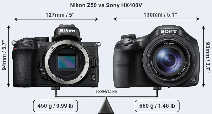Size Nikon Z50 vs Sony HX400V