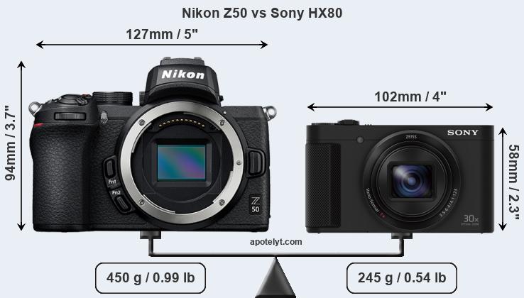 Size Nikon Z50 vs Sony HX80