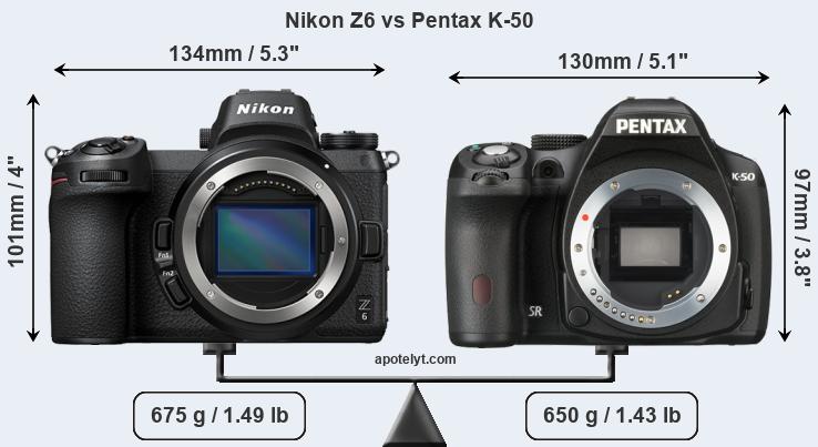 Size Nikon Z6 vs Pentax K-50