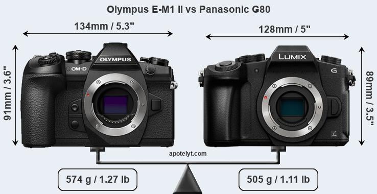 Size Olympus E-M1 II vs Panasonic G80