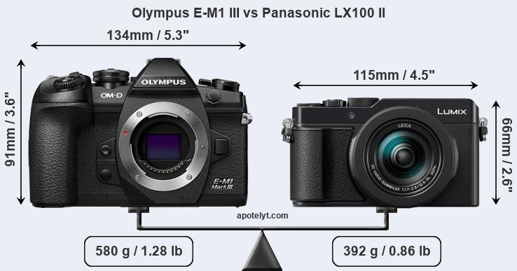 Size Olympus E-M1 III vs Panasonic LX100 II