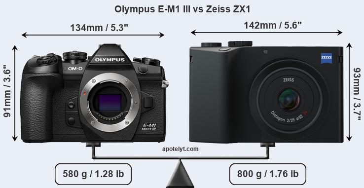 Size Olympus E-M1 III vs Zeiss ZX1