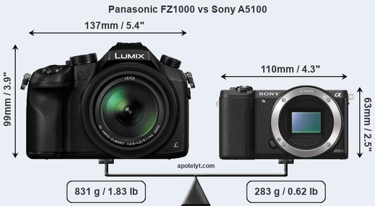 Size Panasonic FZ1000 vs Sony A5100