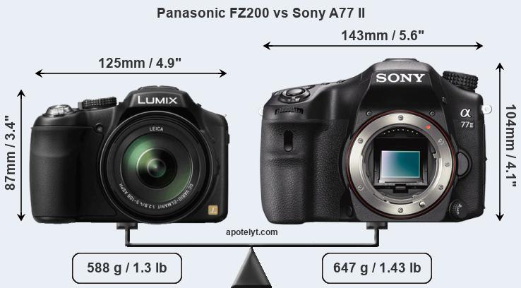 Size Panasonic FZ200 vs Sony A77 II