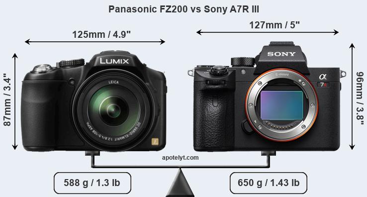 Size Panasonic FZ200 vs Sony A7R III