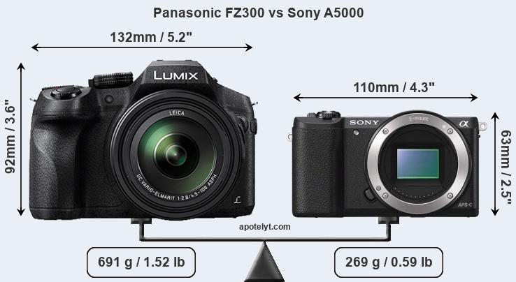 Size Panasonic FZ300 vs Sony A5000